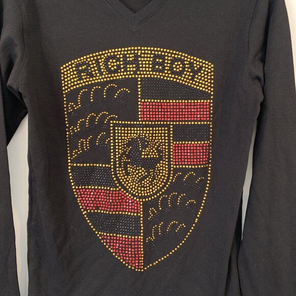 MichelAngelo Rich Boy Rhinestone Porsche Crest Design Black V-Neck T-Shirt S - Picture 2 of 5